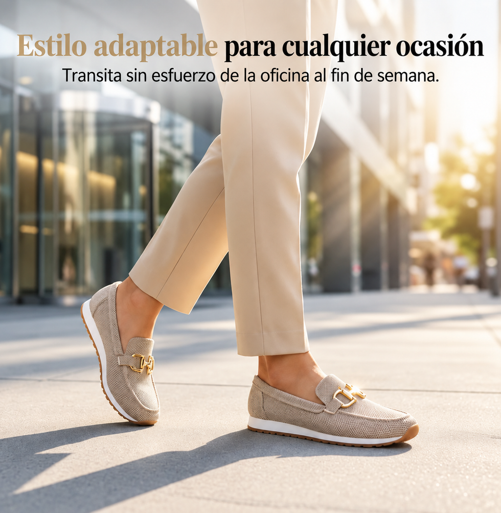 Mocasines casuales de punto para mujer con hebilla metálica.