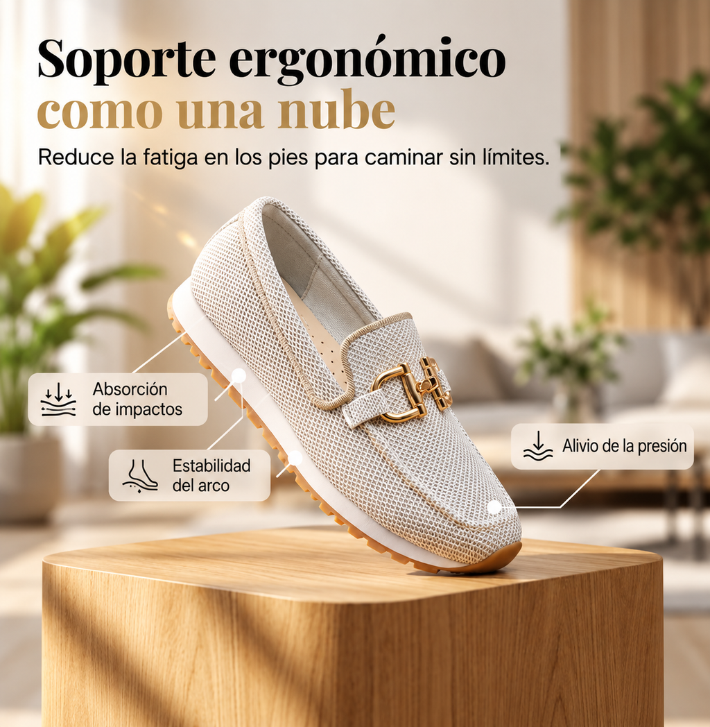 Mocasines casuales de punto para mujer con hebilla metálica.