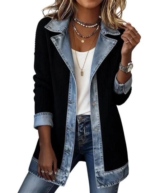 50% OFF! Elegant women's denim coat with ribbed knit insert