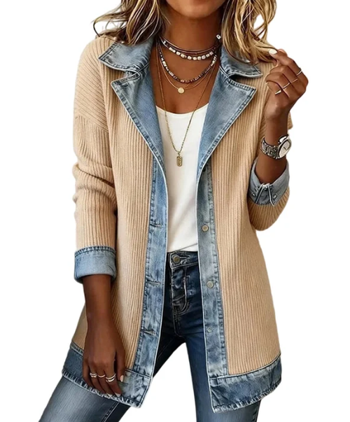 50% OFF! Elegant women's denim coat with ribbed knit insert