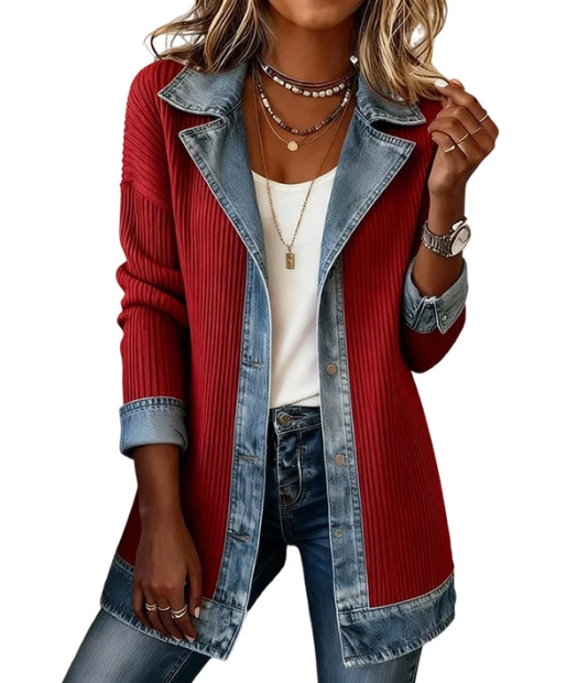 50% OFF! Elegant women's denim coat with ribbed knit insert