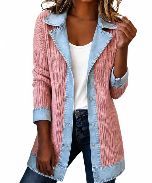 50% OFF! Elegant women's denim coat with ribbed knit insert